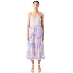 NWT Endless Rose lavender floral crochet tiered sweetheart neckline midi dress L